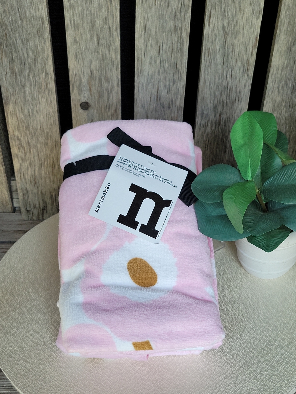 Marimekko Unikko Pink Floral Hand Towel Duo with Gold Center Accents